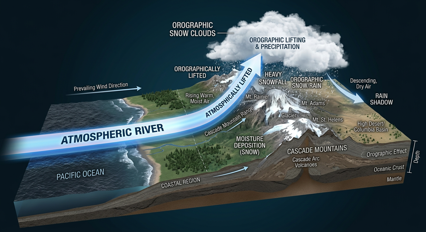Infographic explaining an atmospheric river hitting the Cascade mountains