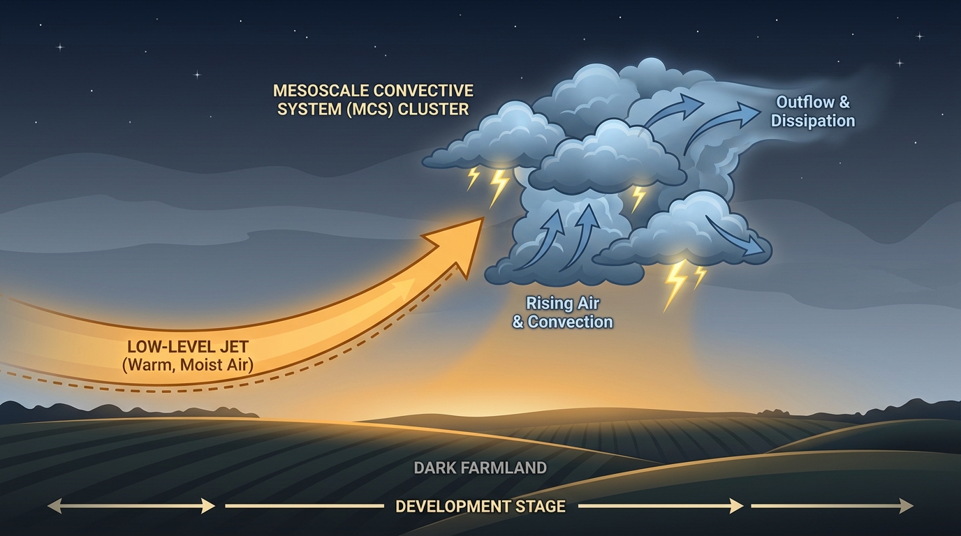 Diagram showing how a nocturnal mesoscale convective system forms over saturated farmland, with a low-level jet arrow feeding warm moist air into a growing thunderstorm cluster at night