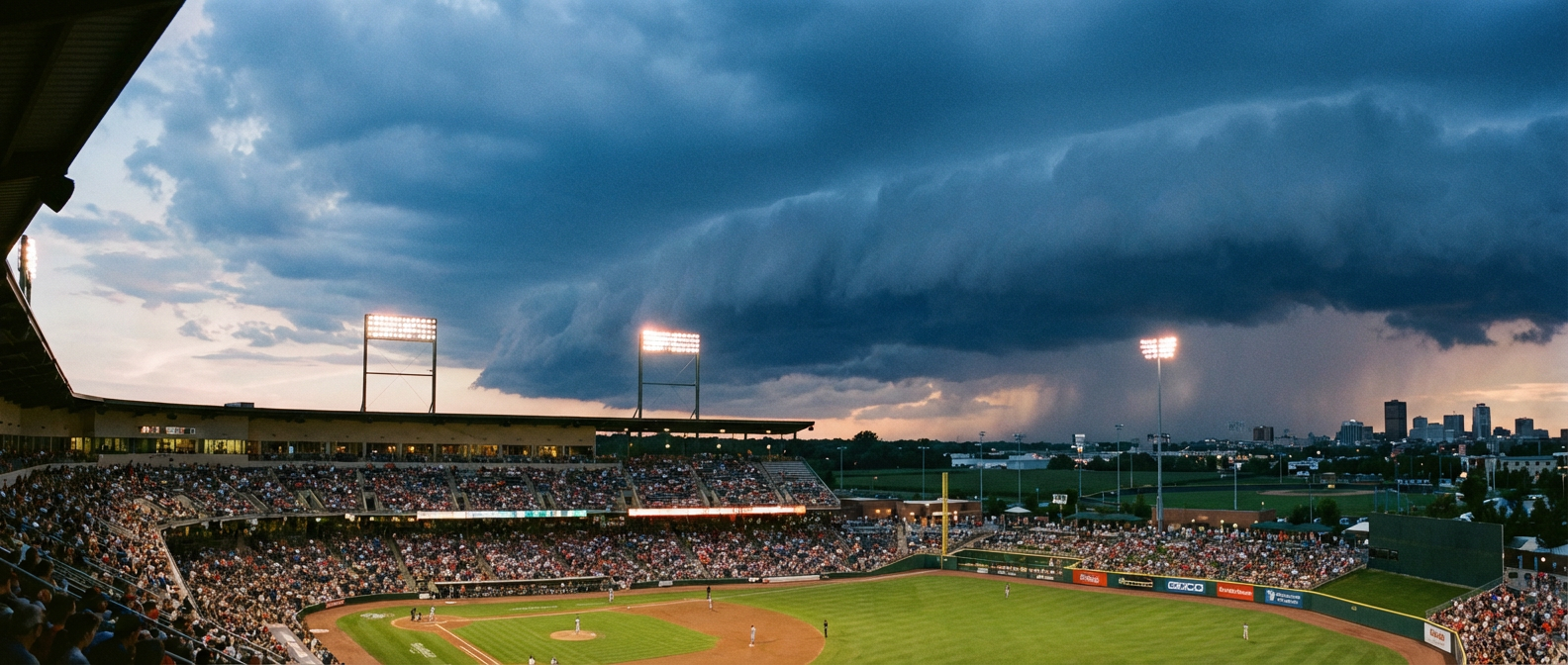 Dark storm clouds approaching a brightly lit baseball stadium in the Midwest
