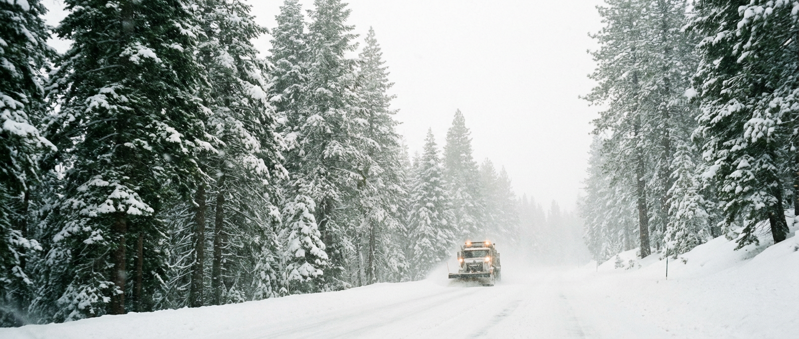 Heavy snow falling on a mountain pass
