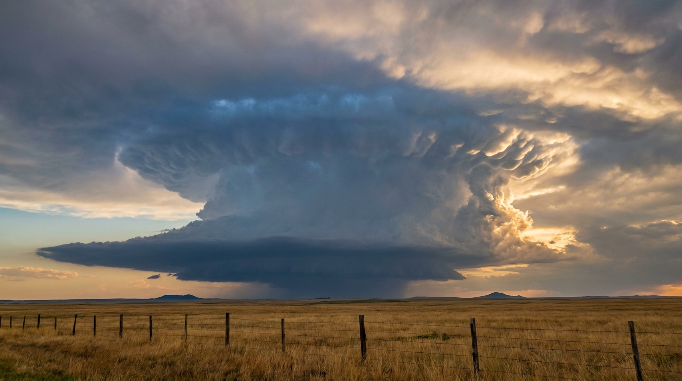 A towering supercell thunderstorm updraft rising over open northern Plains grassland in late afternoon, with a rock-hard cauliflower cloud tower and a lowered rain-free base, golden side-light from the west, distant ranch fence line in the foreground, cool blue-gray storm with warm amber highlights, wide establishing shot