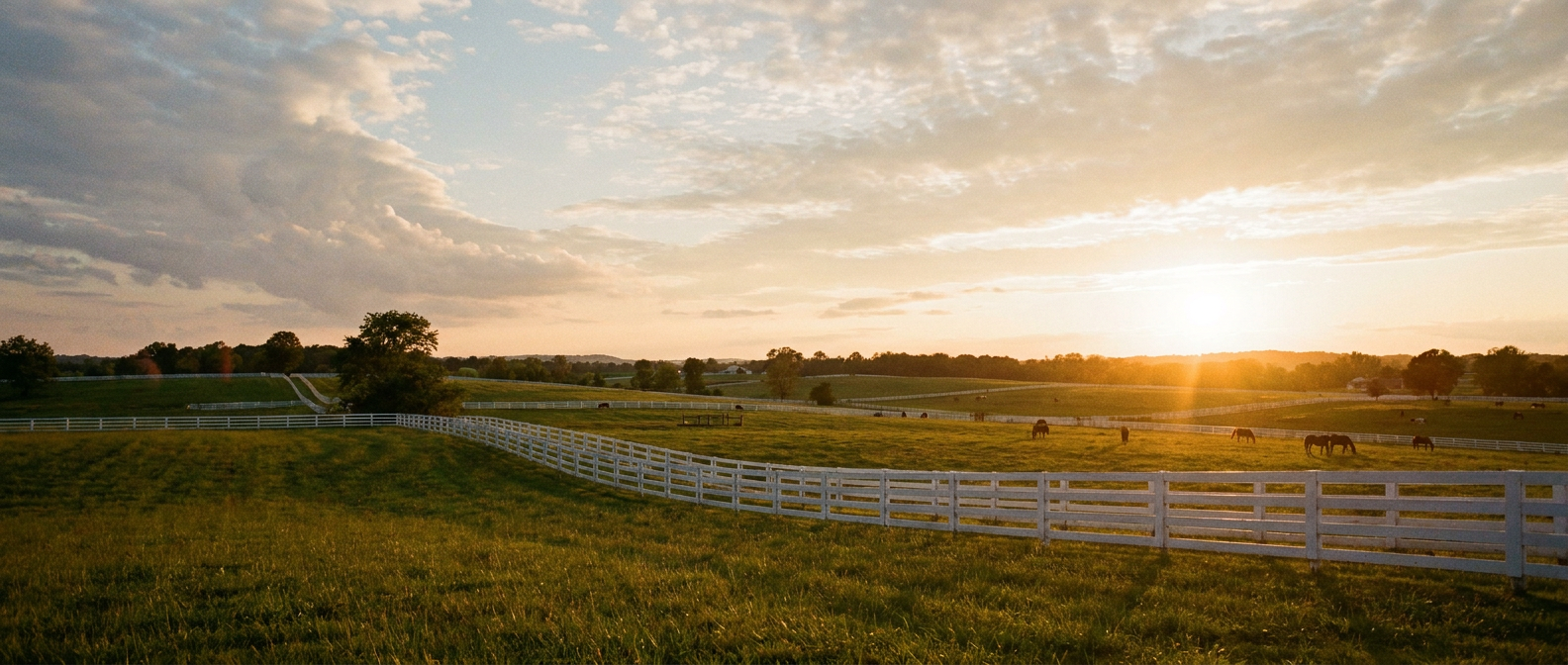 Rolling Kentucky bluegrass horse farm at golden hour, white wooden fence line in the foreground, horses grazing in the distance, warm amber light low on the horizon, scattered high clouds building from the west, wide establishing shot