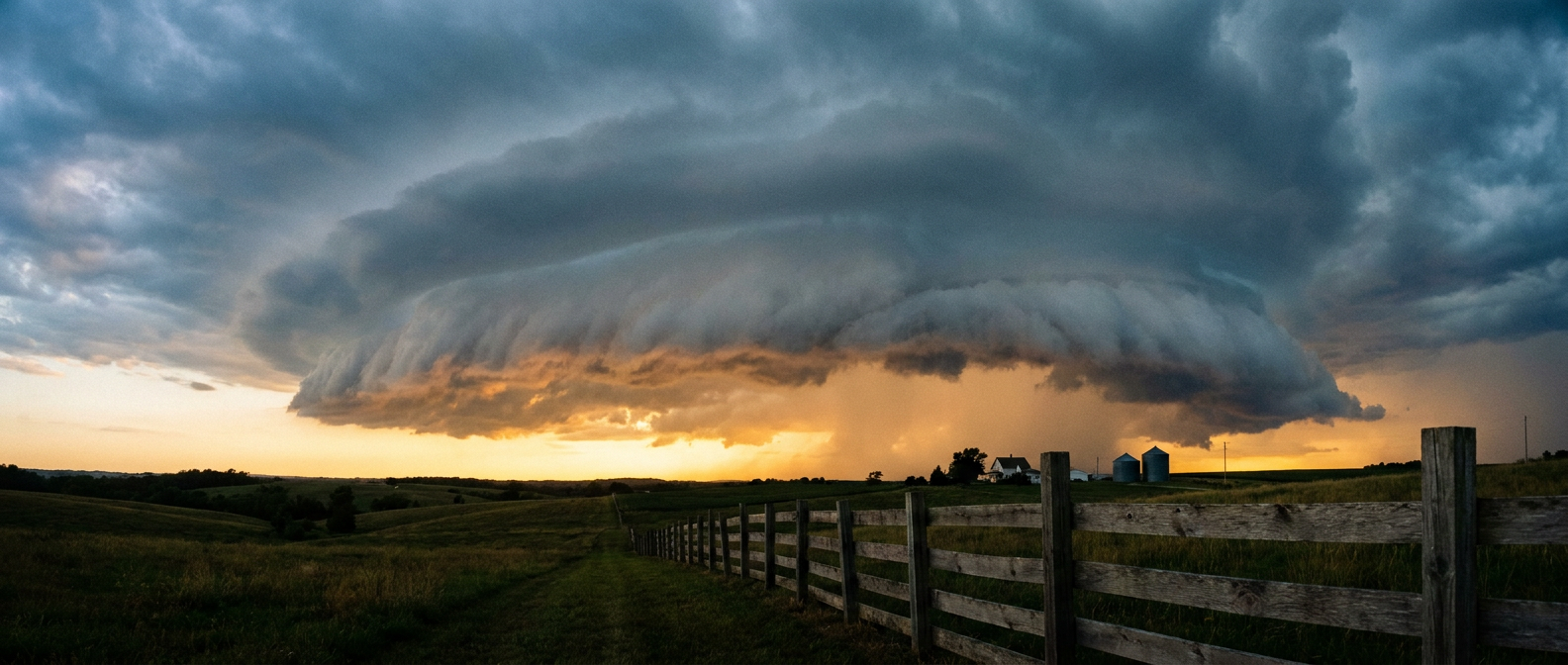 A dramatic shelf cloud rolling over Ozark farmland at dusk, warm amber sunset light behind the cloud base, a weathered wooden fence in the foreground leading toward rolling hills, wide establishing shot, moody blue-gray storm colors mixing with gold light on the horizon