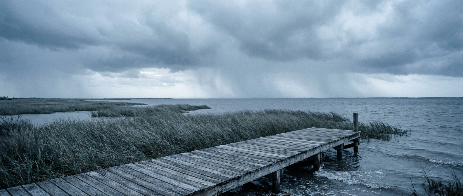 A coastal Louisiana marsh at late afternoon under a heavy gray sky, wind-bent marsh grass and a weathered wooden dock in the foreground, distant dark rain bands visible over open water, cool blue-gray storm palette, wide landscape perspective