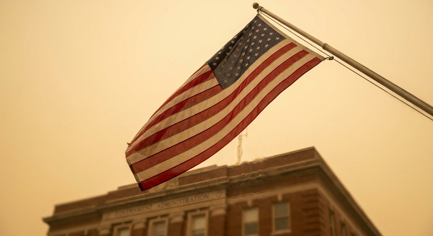 A hazy, heat-soaked American flag hanging limp in still humid air, shot in warm amber light