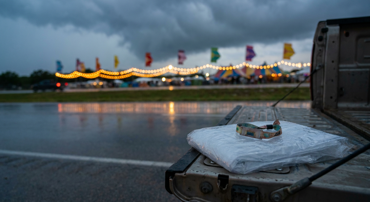 A rain-slicked highway shoulder near Austin at dusk, festival wristbands and a folded rain poncho on a tailgate, distant string lights and tent flags blurred under a heavy gray sky, cool blue-gray palette, low camera angle looking down the wet road toward the glow