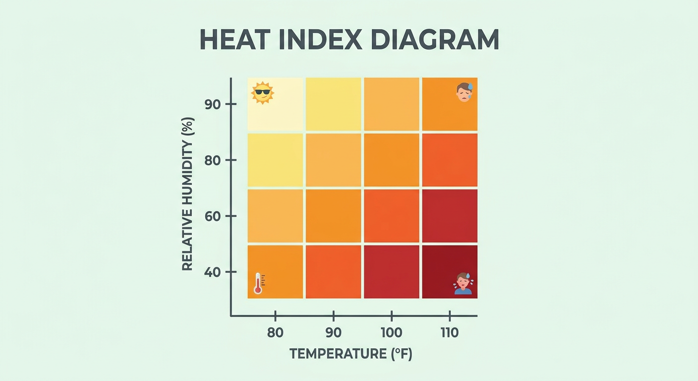 A clean explainer diagram showing how heat index rises as temperature and humidity both increase, with a simple grid of shaded cells labeled with temperature on one axis and humidity on the other, warm color gradient from yellow to deep red, no text logos, plain educational style