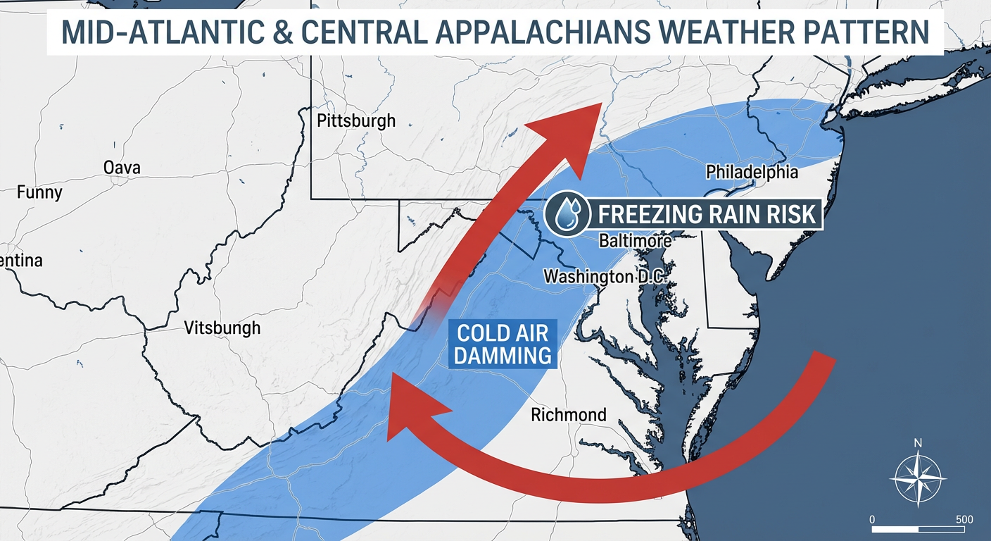 Map showing the Cold Air Damming setup and ice accumulation risk across the Central Appalachians
