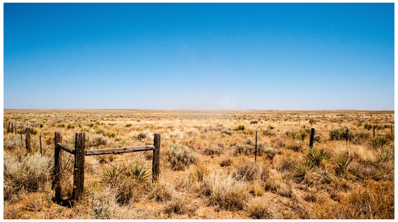 A dry, grassy field with a wooden fence line