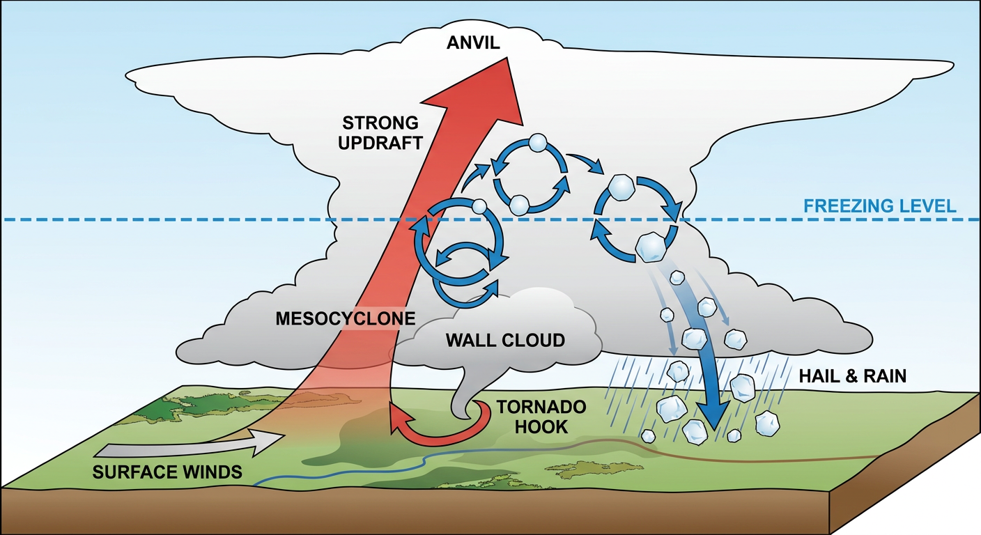 Diagram showing how a supercell thunderstorm produces giant hail