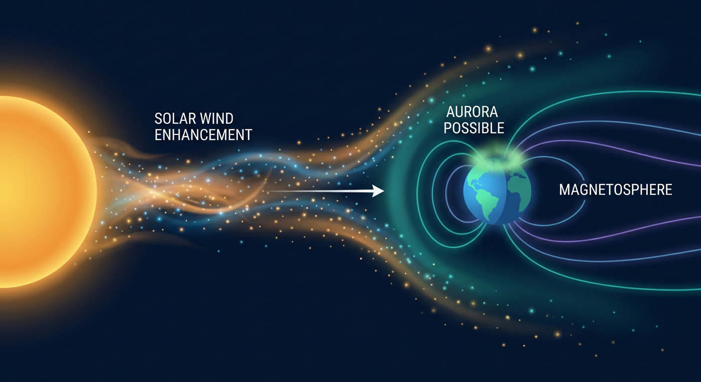 Simple annotated diagram explaining how a coronal mass ejection travels from the sun and interacts with Earth's magnetic field to produce a geomagnetic storm and aurora, shown as a clean side-view schematic with labeled arrows