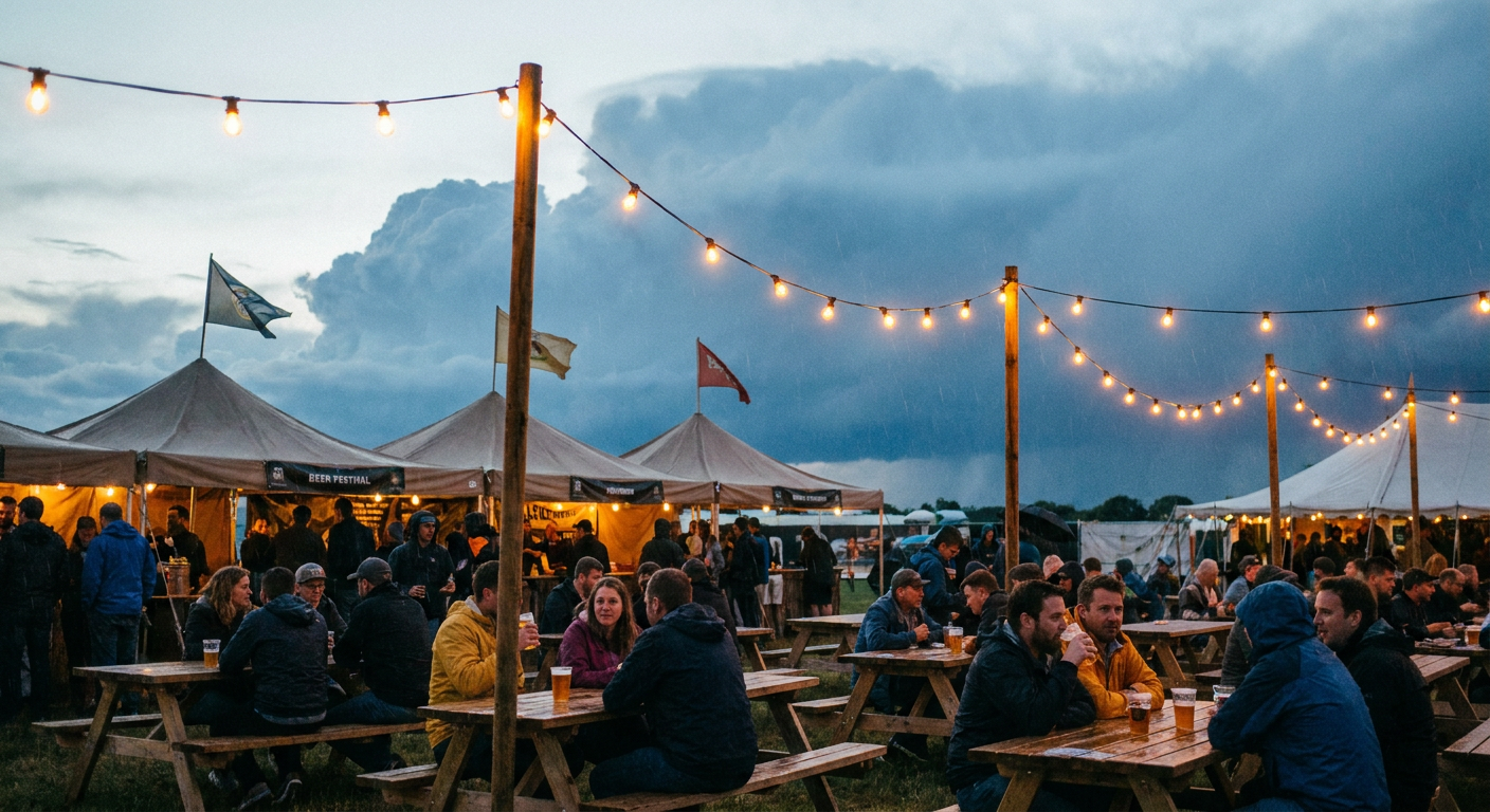 String lights and beer tent flags flapping under a gathering gray-blue sky at an outdoor festival