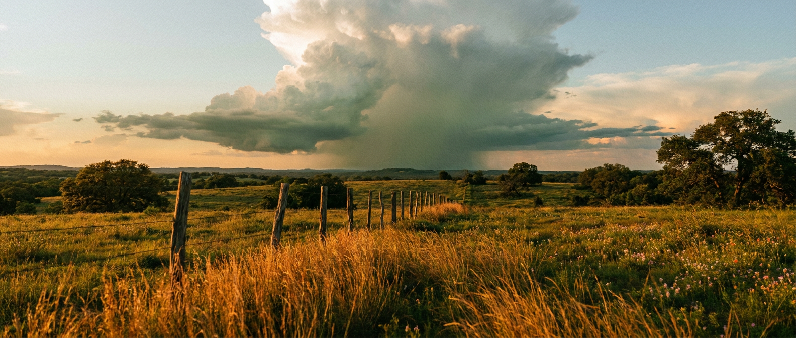 A generic Texas Hill Country scene with thunderstorm clouds building in late afternoon light, grassy field in foreground, string of fence posts leading toward the horizon, warm gold and gray-blue color palette, wide establishing shot