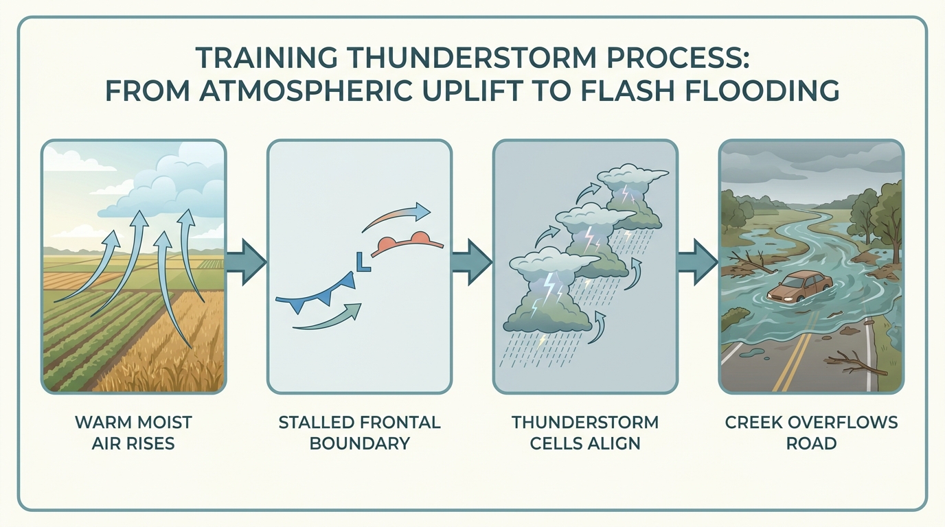 Ingredient flow chart showing four labeled boxes connected by arrows: warm moist air intake, a stalled frontal boundary, repeated thunderstorm cells, and a flooded creek, illustrating how training convection causes flash flooding, muted blue and green color palette, clean infographic style