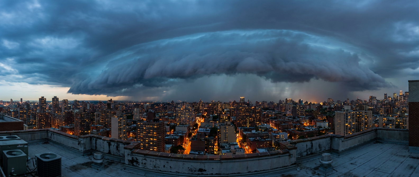 A shelf cloud advances over a dense urban skyline at dusk, dramatic gray-blue clouds rolling in from the west with warm amber city lights glowing below, wide establishing shot from a rooftop vantage point