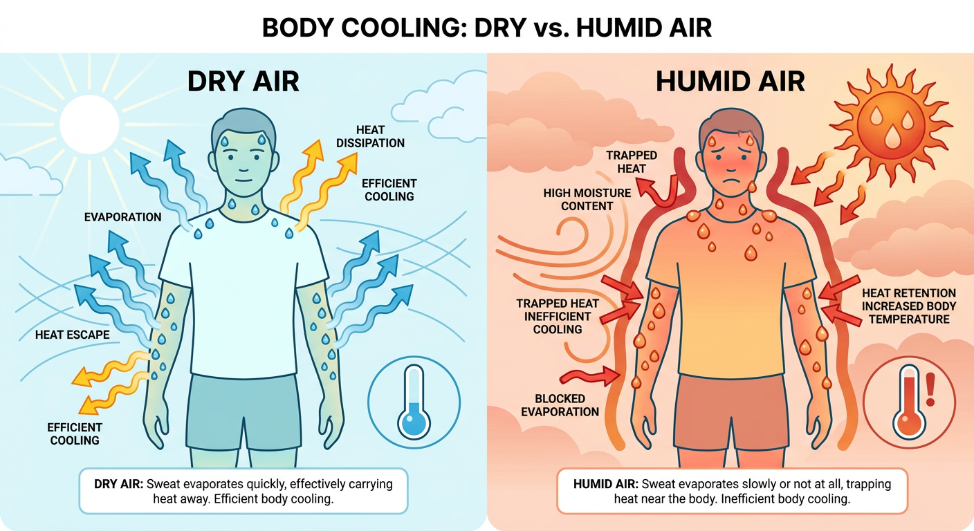 Clean explainer diagram showing how the human body cools through sweat evaporation, with two side-by-side panels: one labeled dry air with sweat evaporating freely and heat leaving the skin, the other labeled humid air with sweat beading and staying on the skin while heat is trapped, simple labeled arrows, no map or geography