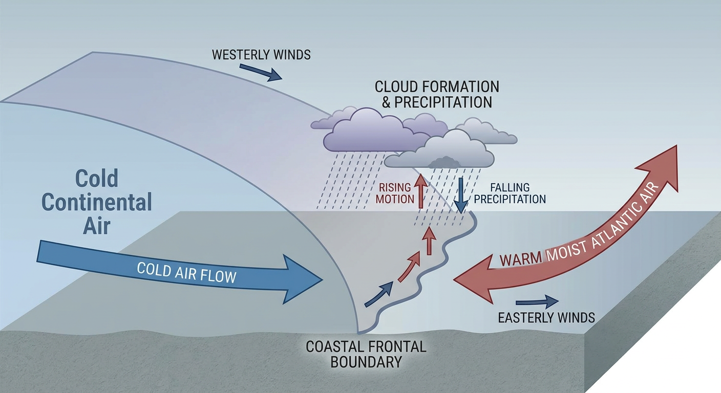 Cross-section diagram of a nor'easter showing cold dry air colliding with warm moist ocean air along a coastal front