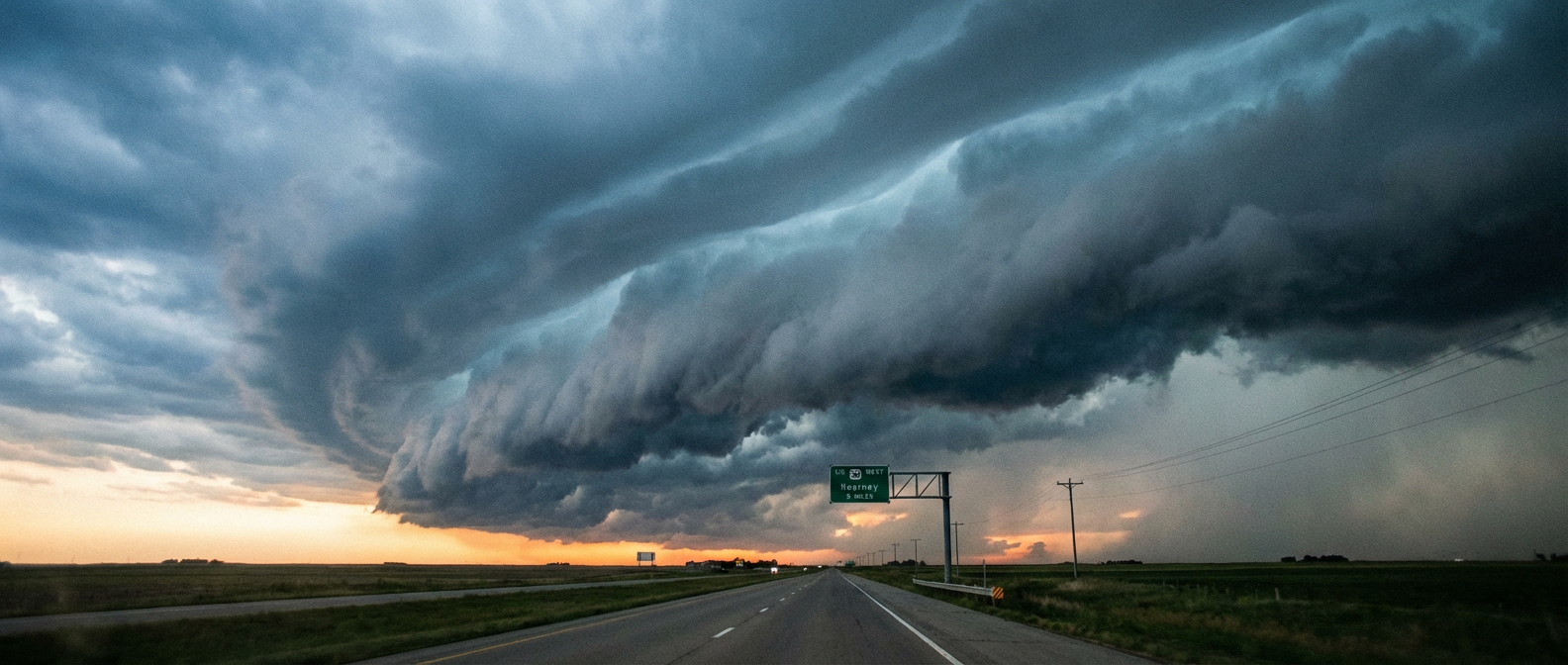 Squall line advancing over a highway