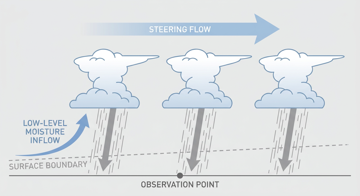 Cross-section diagram showing how training thunderstorms repeatedly move over the same location, with labeled arrows for low-level moisture inflow, a stationary boundary at the surface, and successive storm cells lined up like railcars passing a single point on the ground below.