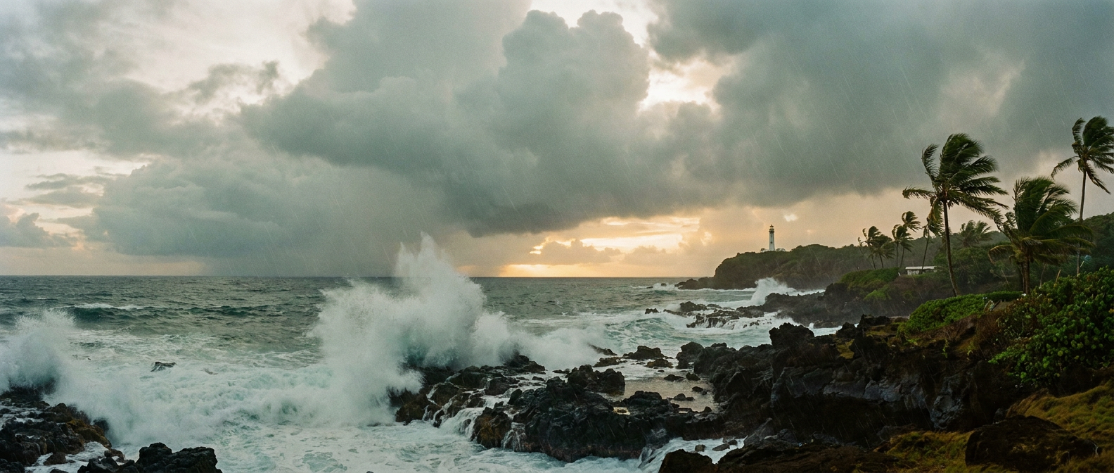 Outer rainbands of a hurricane sweeping over a rocky tropical coastline at dawn, heavy surf crashing against dark volcanic rock in the foreground, gray-green storm light overhead with a sliver of warm gold breaking through distant clouds, wide establishing shot from a low cliffside vantage point