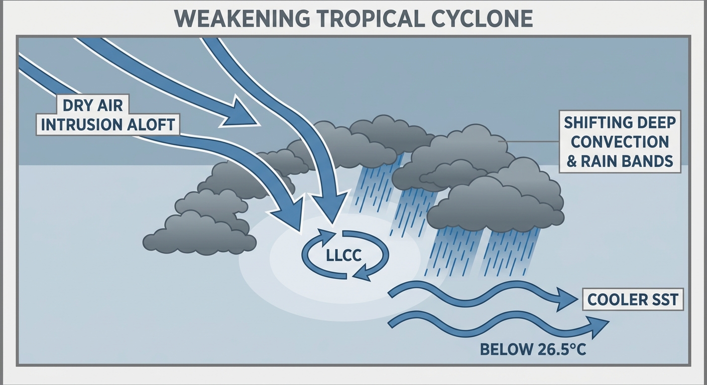 A cross-section diagram showing a weakening tropical storm's exposed low-level circulation separating from its rain shield, with labeled arrows showing dry air intrusion and a shrinking convective core