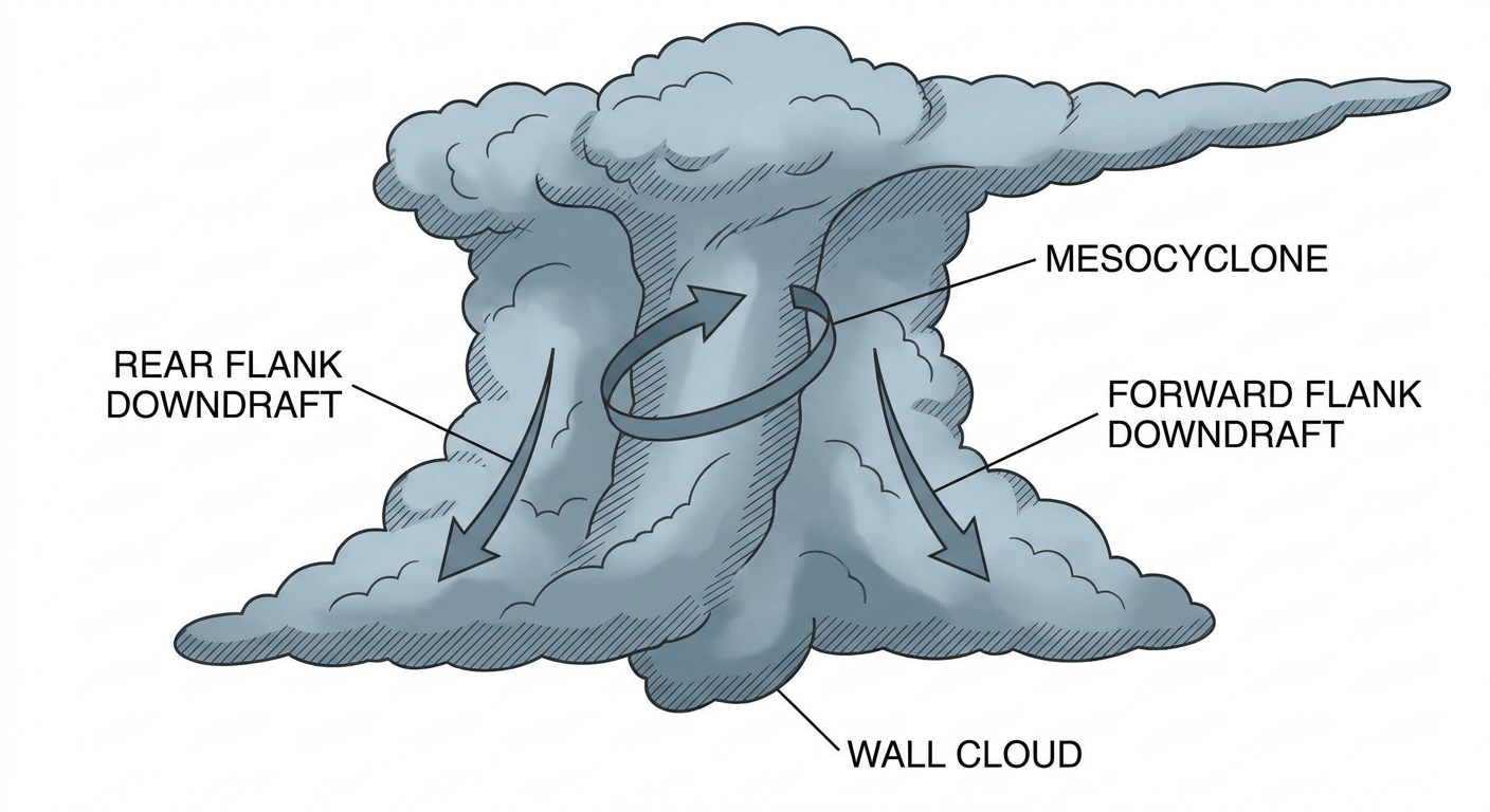 Cross-section diagram of a tornadic supercell showing the mesocyclone, rear flank downdraft, and wall cloud region, labeled schematic style, no geography or map elements, clean educational illustration with blue-gray storm tones
