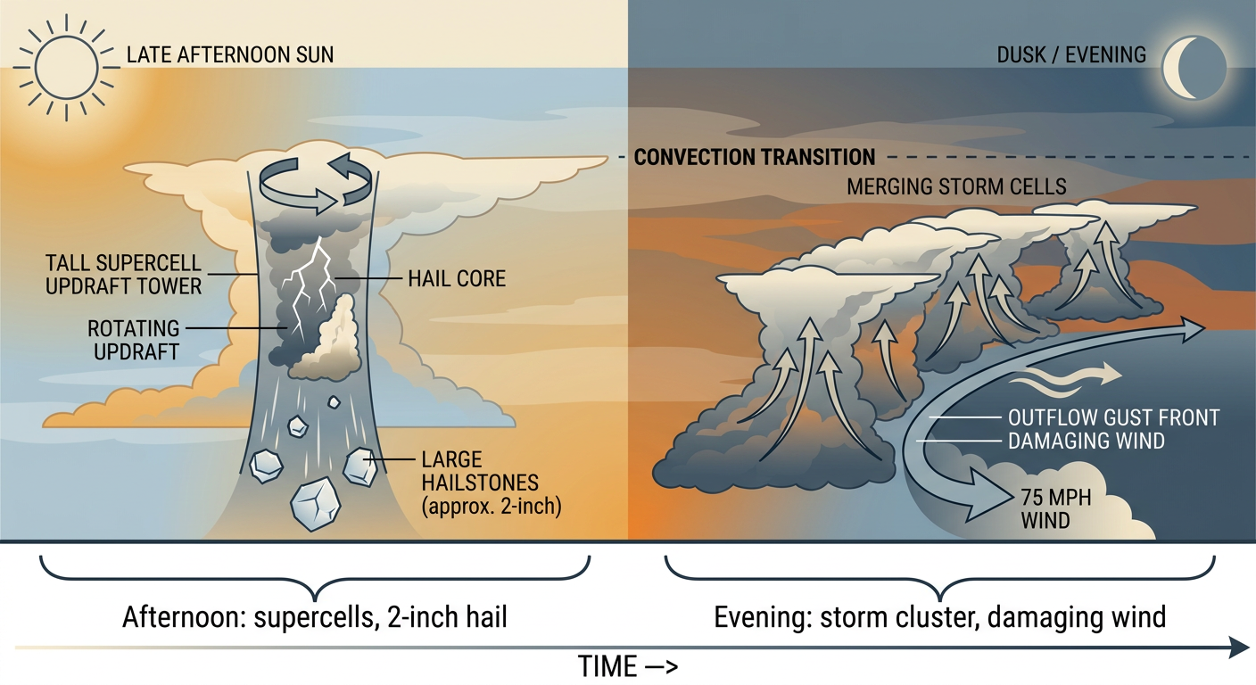 Cross-section diagram showing how a daytime supercell evolves into an evening storm complex on the High Plains: labeled stages showing isolated rotating updraft with large hail core in the afternoon, then multiple storms merging into a bowing line with a damaging wind gust front by evening, annotated with hail size and wind speed labels