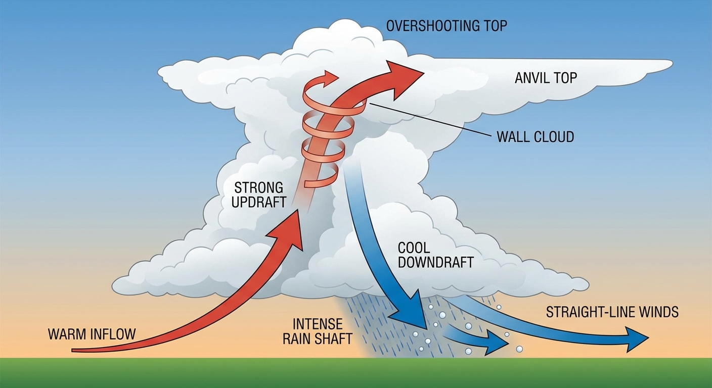 Diagram showing the anatomy of a severe thunderstorm downdraft