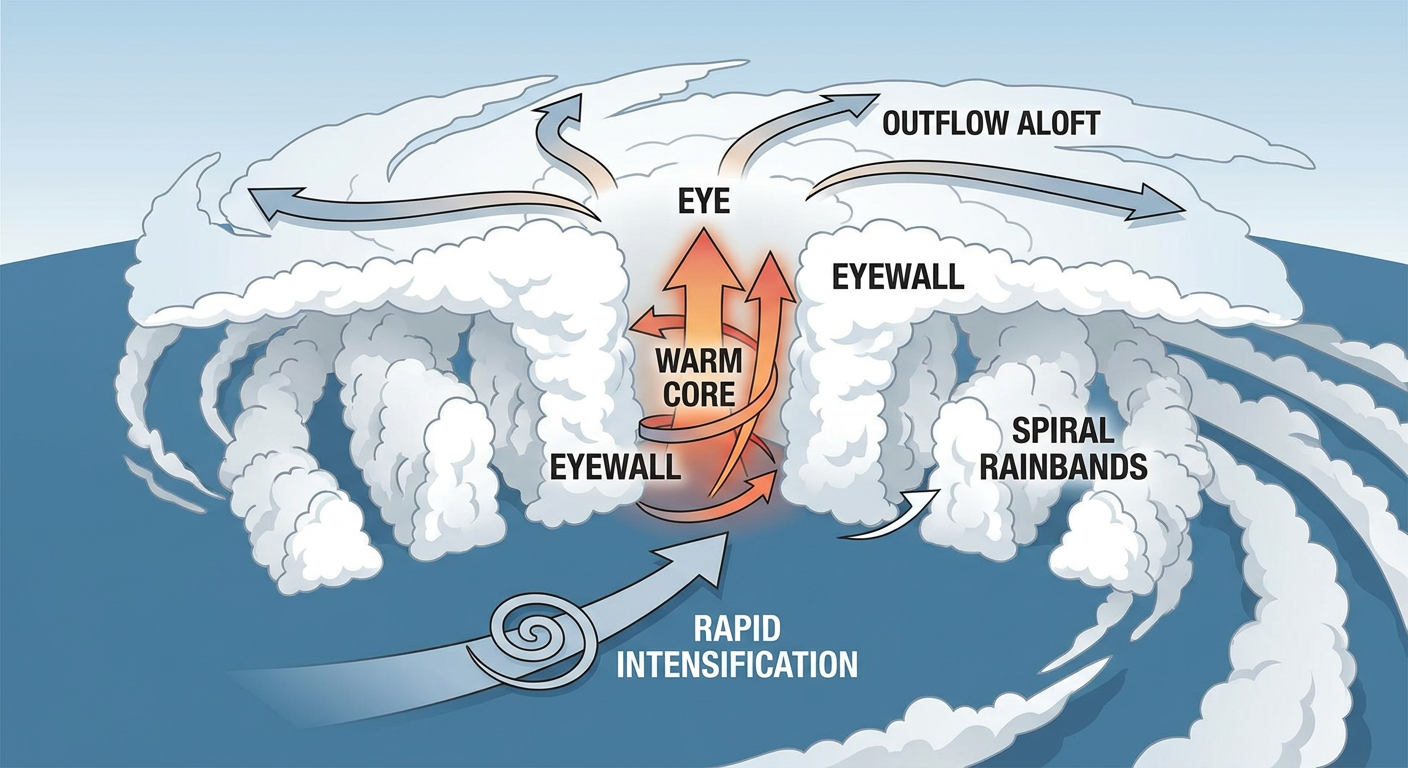 Cross section diagram showing a hurricane eye with warm core, showing how rapid intensification builds a tighter, warmer eye surrounded by deep convective towers, labeled with eyewall, eye, outflow, and warm core annotations