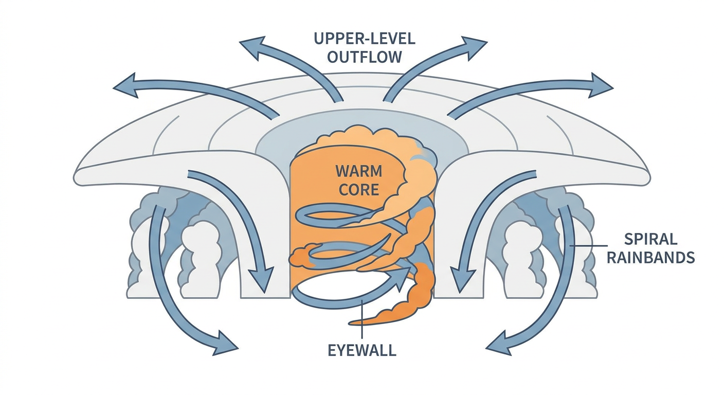 A cutaway diagram showing a rapidly intensifying hurricane's warm core structure, labeled with eyewall, rainbands, and outflow, rendered in muted blues and oranges against a plain background
