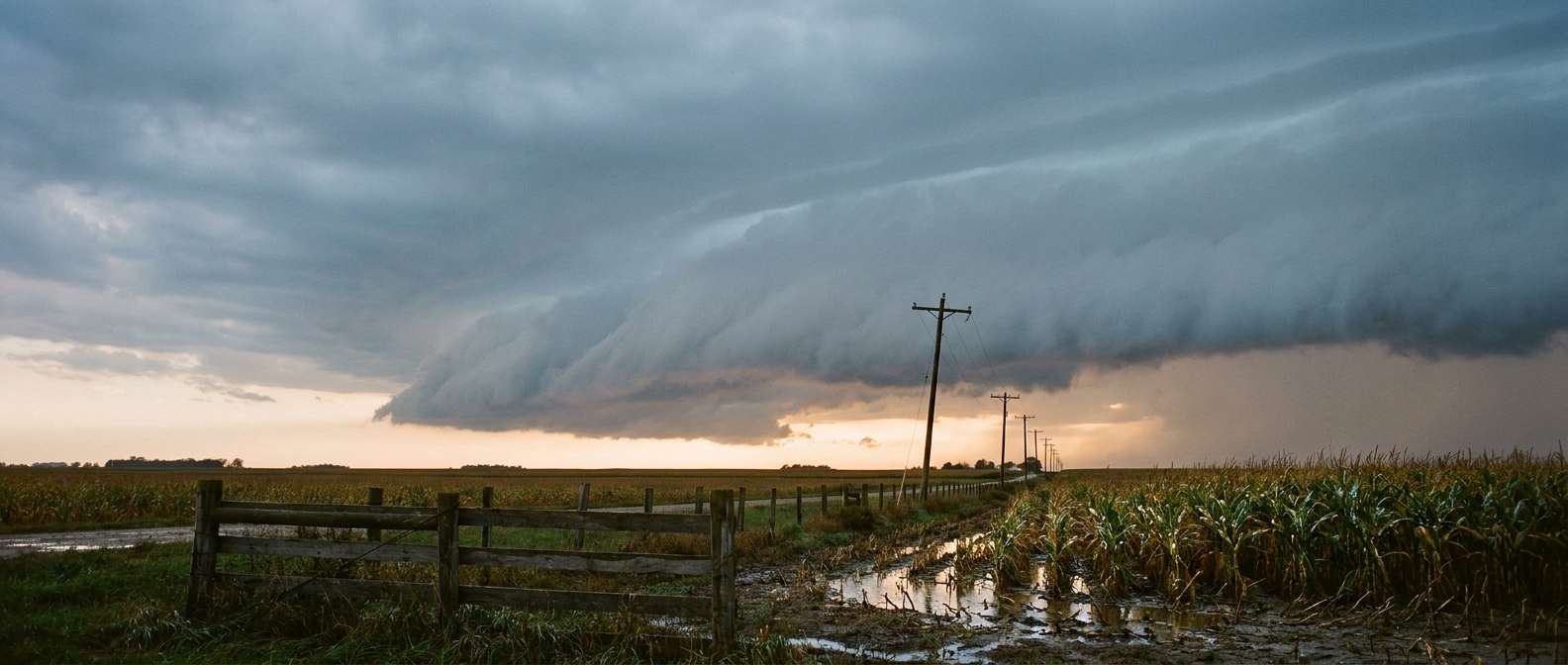 Shelf cloud advancing over a rain-soaked Midwest cornfield at dusk, muted blue-gray storm light, fence line and power poles in the foreground, wide low-angle shot