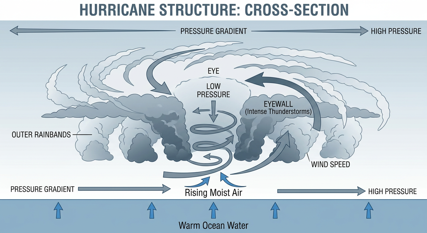 Cross-section diagram showing a hurricane's structure: warm ocean water fueling rising moist air, an eyewall of intense thunderstorms circling a calm eye, outer rainbands spiraling outward, labeled with wind speed and pressure gradient arrows, clean educational infographic style, muted blue and gray palette