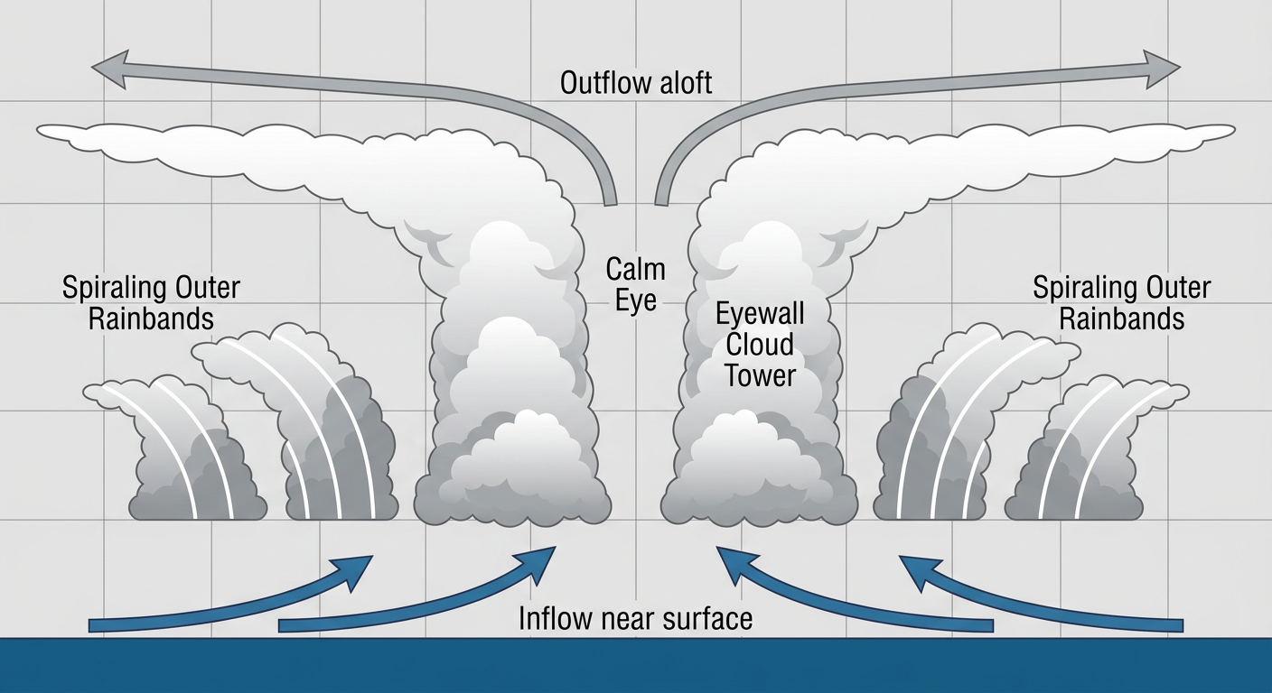 A labeled cross-section diagram of a mature hurricane showing the eye, eyewall, and spiraling rainbands with wind speed arrows