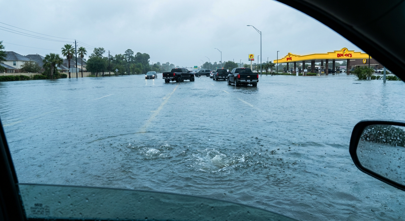 Heavy rain flooding a Texas road