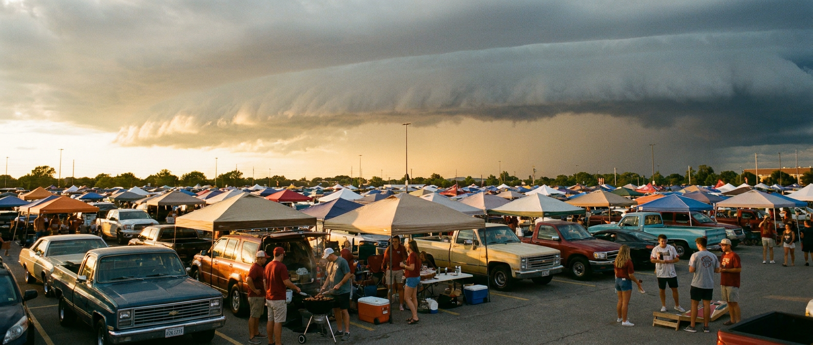 A shelf cloud rolls in over a stadium tailgate lot at golden hour, with canopy tents and parked cars in the foreground, warm amber light fading into a steel-gray horizon, wide low-angle shot, no logos or text