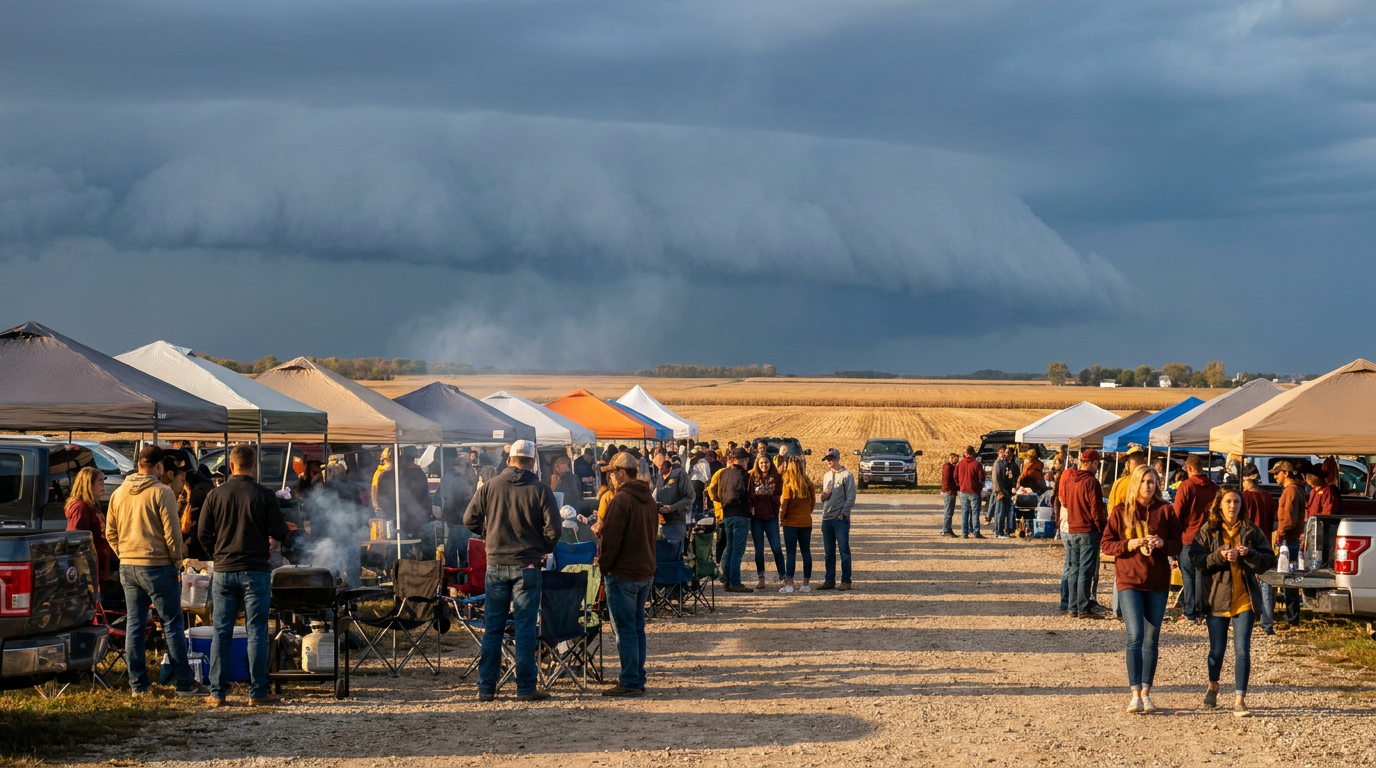 Tailgate tents and grills in a college stadium parking lot with a distant shelf cloud building on the horizon, late Friday afternoon golden light, warm amber foreground fading to a cool blue-gray sky, wide establishing shot