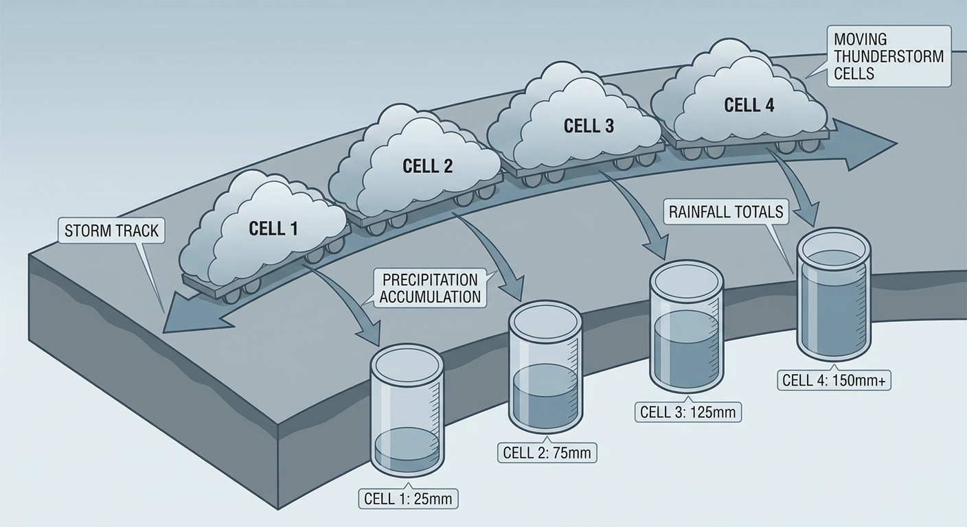 A cutaway illustration showing a line of thunderstorm cells moving one after another along the same ground track, like train cars, with rainfall accumulation gauges below each cell showing increasing totals, labeled diagram, muted blue and gray tones, educational infographic style