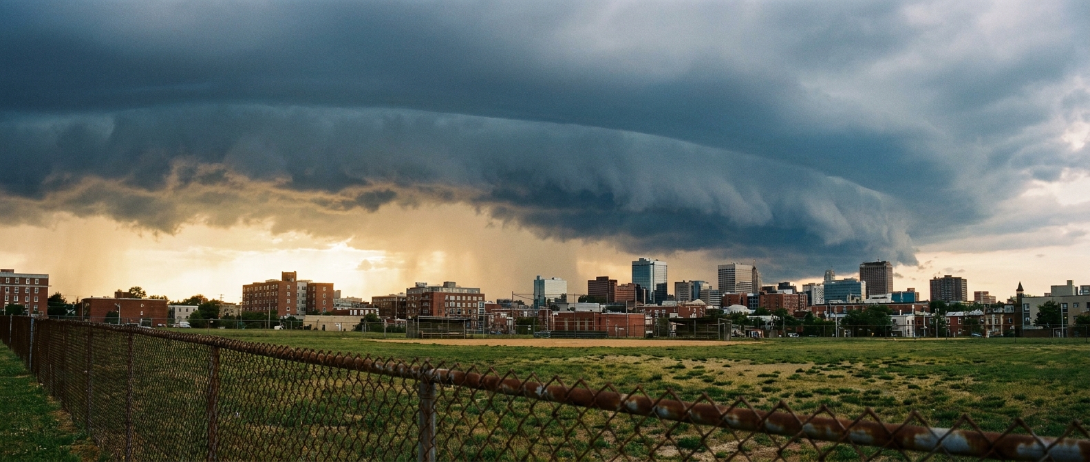 Shelf cloud advancing over a hazy Mid-Atlantic skyline at late afternoon