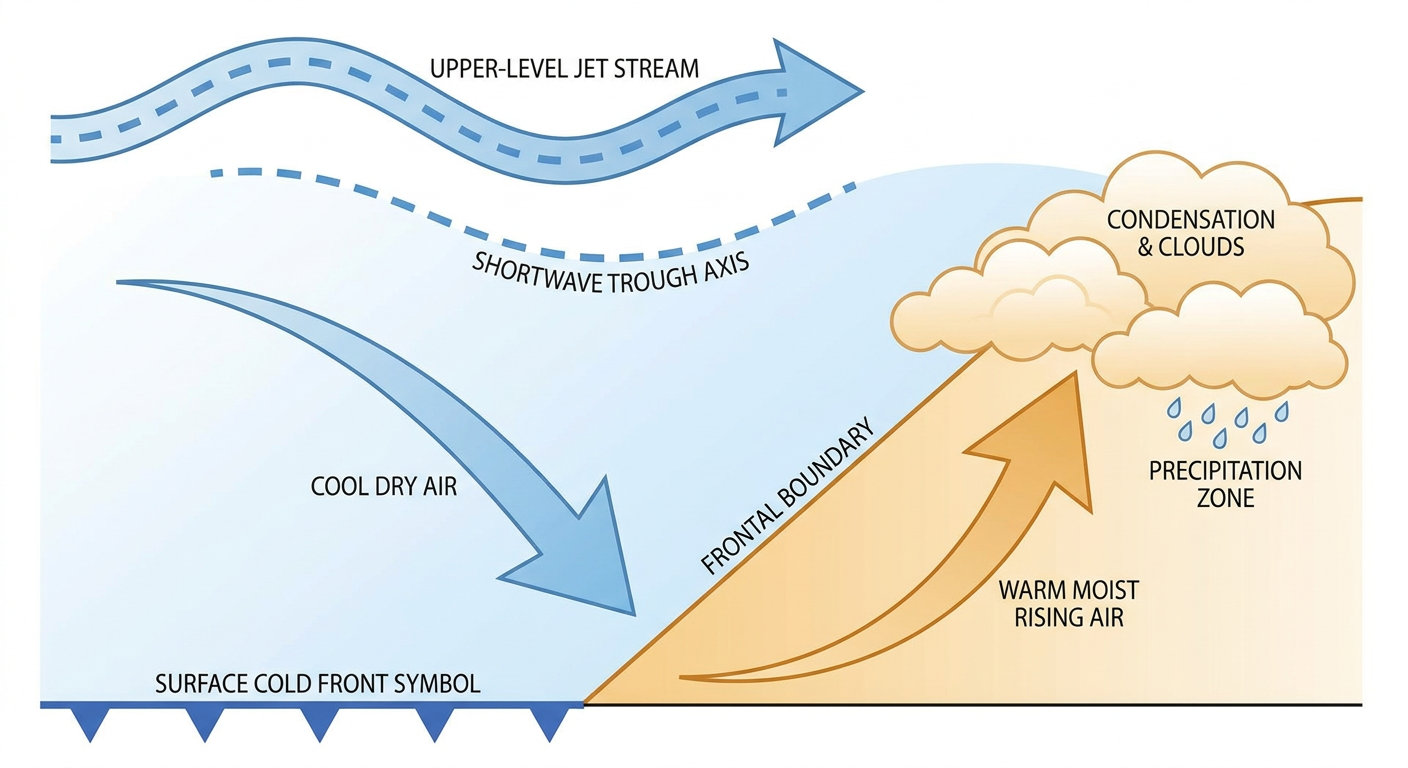A labeled, non-geographic atmospheric cross-section diagram showing a shortwave trough aloft, a surface cold front, warm moist air rising over the frontal boundary, and a jet stream arrow at upper levels, clean explainer style with soft blue and warm amber color coding, side-view illustration