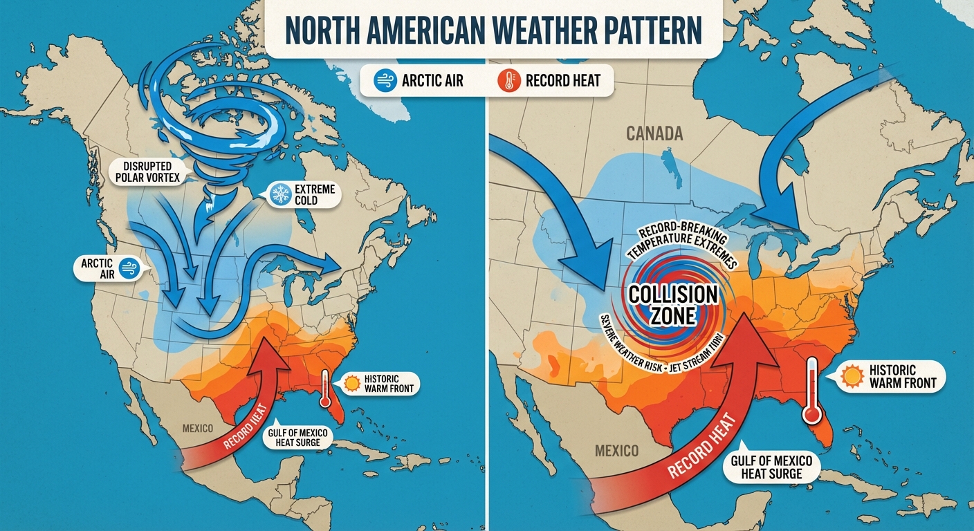 Polar vortex split diagram showing cold air spilling south while warm air surges north