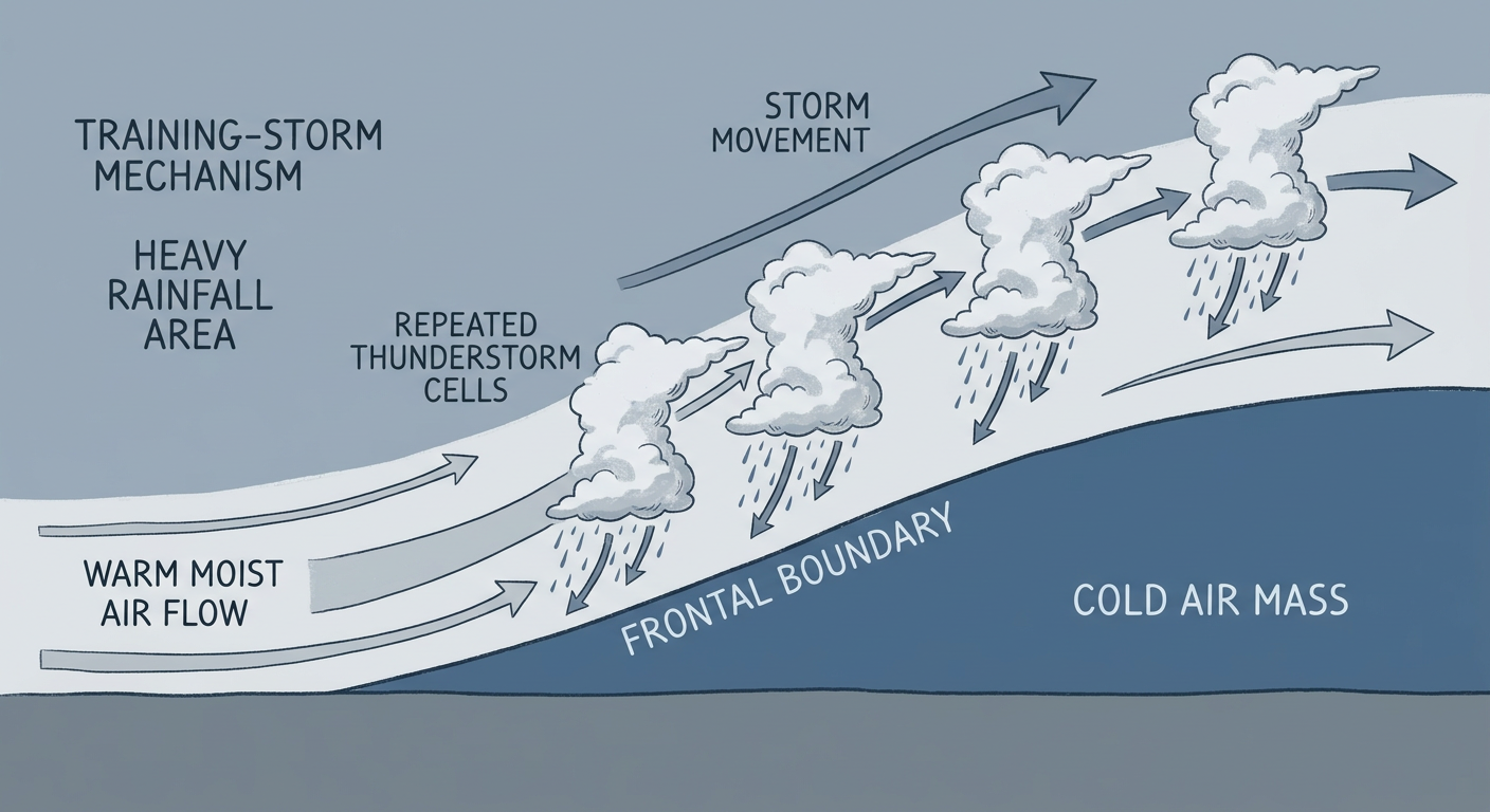 A cross-section diagram showing warm moist air rising smoothly along a sloped frontal boundary, with labeled arrows indicating repeated thunderstorm cells moving along the same path, illustrating the training-storm rainfall mechanism, muted blue and gray tones, clean educational style, no text logos