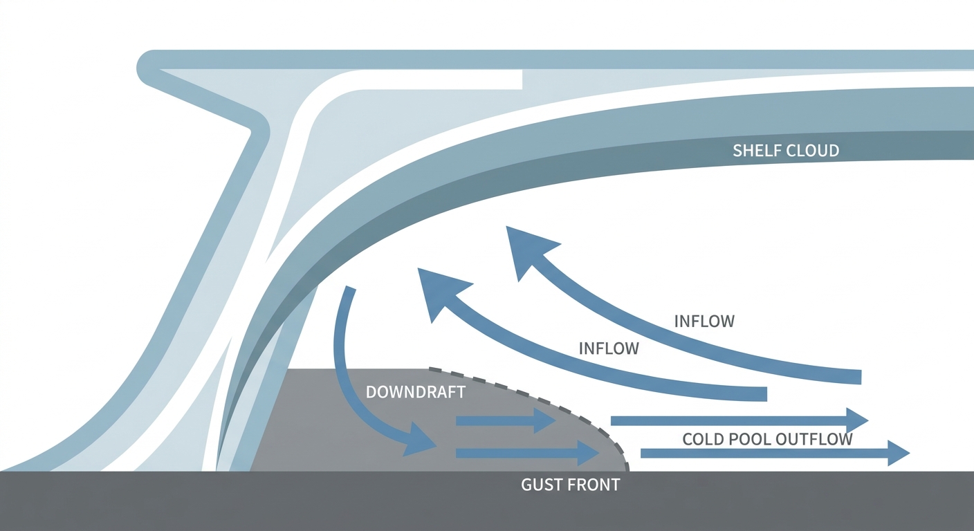 A clean non-map explainer diagram showing a cross-section of a mesoscale convective system, with labeled arrows for inflow, cold pool outflow, and the leading gust front, rendered as a simple educational illustration