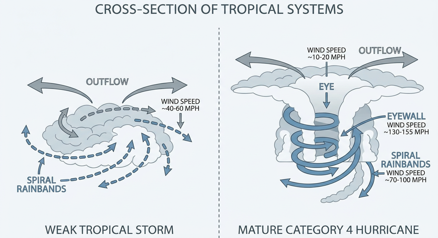 Cross-section diagram comparing a disorganized tropical storm to a Category 4 hurricane, showing the eye, eyewall, and outflow structure with labeled wind speed bands