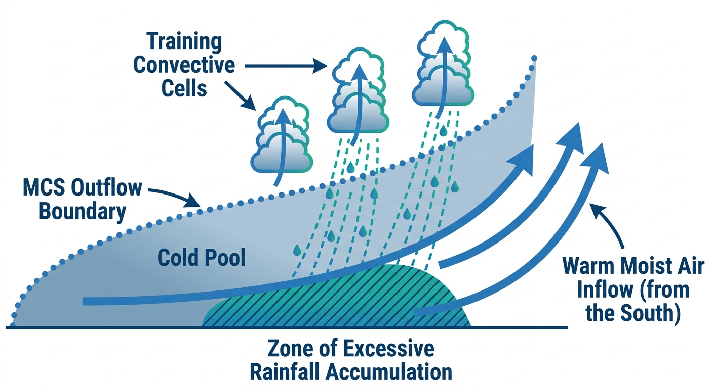 Schematic diagram showing how an MCS outflow boundary creates a zone of enhanced low-level convergence and shear, with stationary thunderstorms training over the same area producing excessive rainfall. Clean technical illustration with labels for outflow boundary, warm moist inflow, training cells, and accumulated rainfall zone. No geography, no maps.