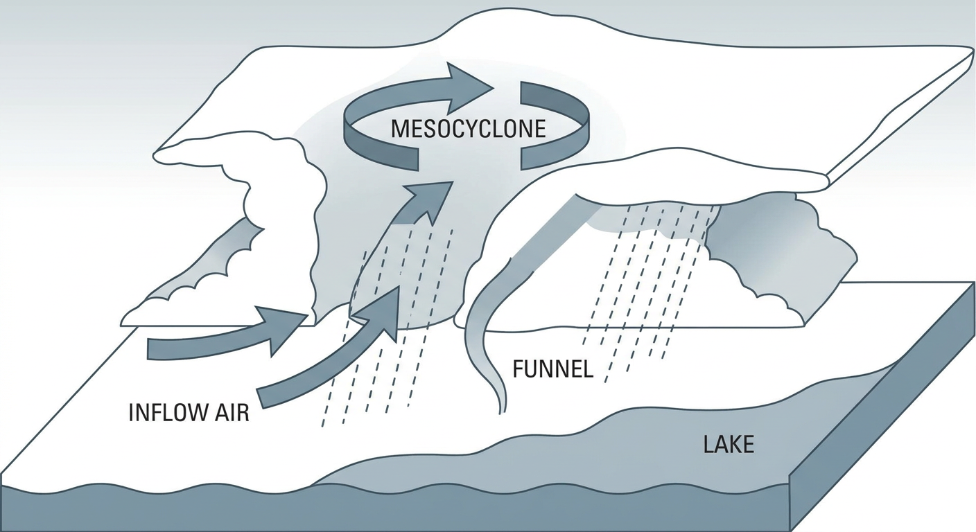 Diagram showing a rotating thunderstorm updraft with a weak, shallow circulation reaching the ground, labeled with inflow, mesocyclone, and condensation funnel