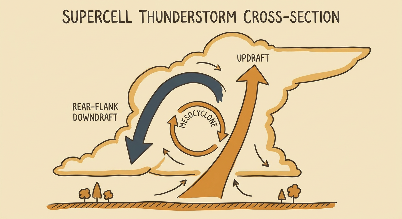 A schematic diagram of a supercell thunderstorm cross-section labeled with updraft, rear-flank downdraft, and mesocyclone, set against a plain sky background, warm amber and slate color palette, educational infographic style, no text logos