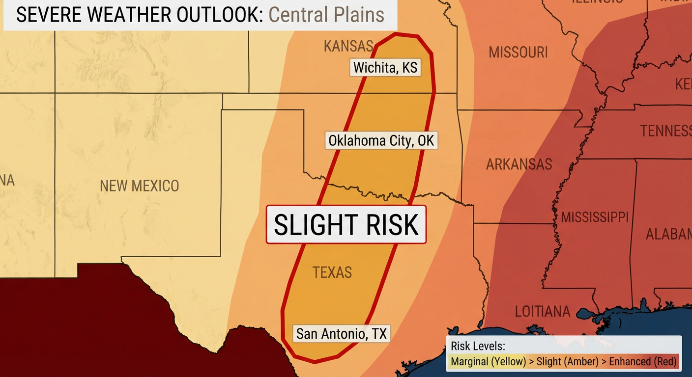 Map showing the Slight Risk area for severe storms stretching from South Texas up through Kansas