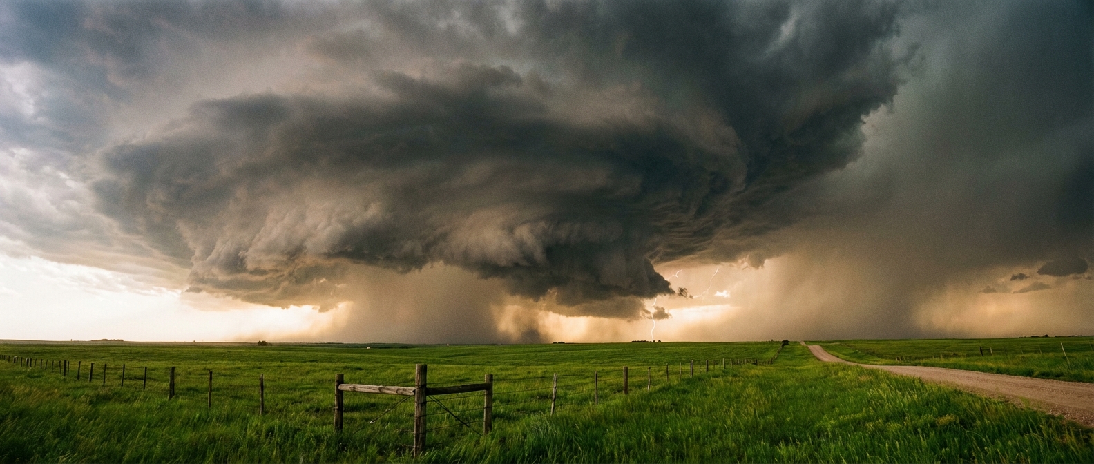 Supercell thunderstorm forming over a green prairie