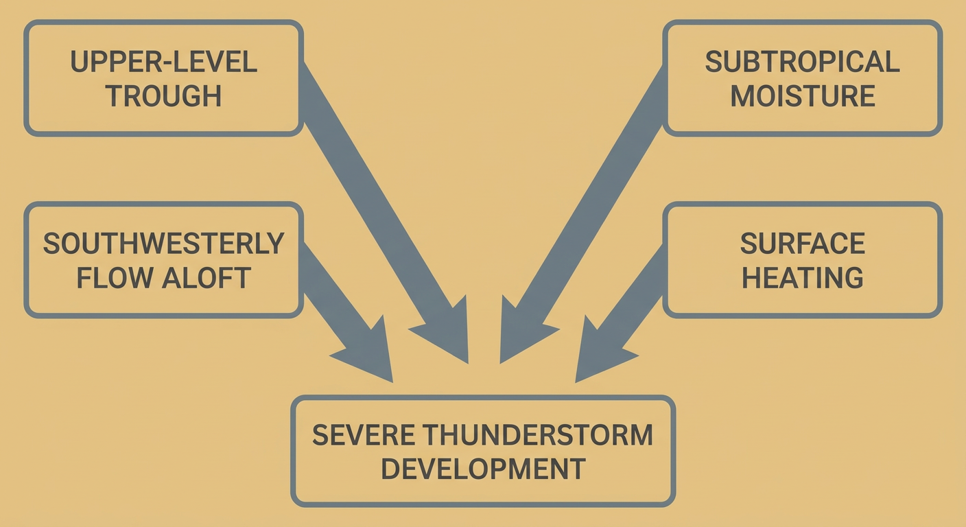 A simple flowchart diagram showing the ingredients for Southwest severe weather: upper-level trough, southwesterly flow, subtropical moisture, and surface heating combining into thunderstorm development, with labeled arrows connecting each box, clean minimalist style
