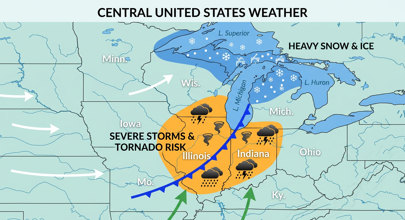 Map showing the dual weather threat on Tuesday across the central US